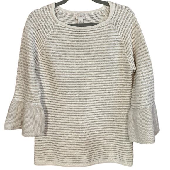 Chico's Women's Cream & Metallic Gold Sweater Bell Sleeved Size Chico 1 or M - Picture 1 of 7